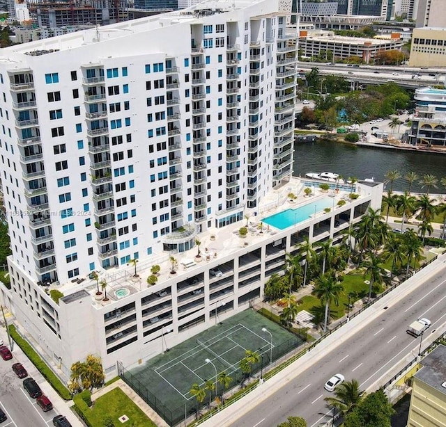 birds eye view of property featuring a water view