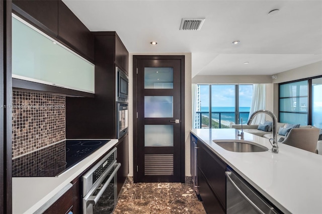 kitchen with dark brown cabinetry, sink, stainless steel appliances, decorative backsplash, and a water view