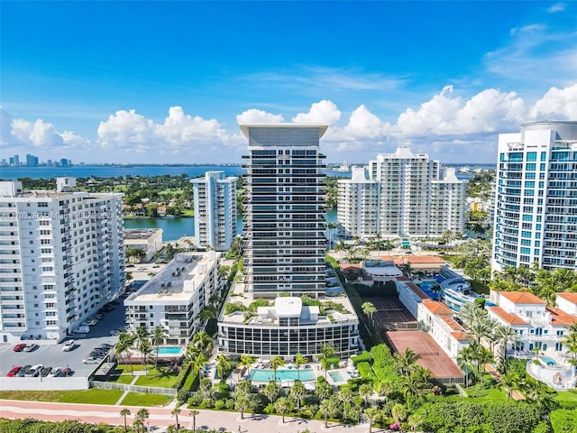 drone / aerial view with a water view