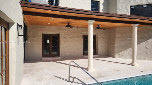 view of patio featuring ceiling fan and french doors