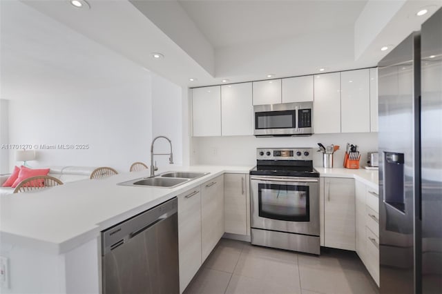 kitchen featuring white cabinetry, sink, kitchen peninsula, light tile patterned flooring, and appliances with stainless steel finishes