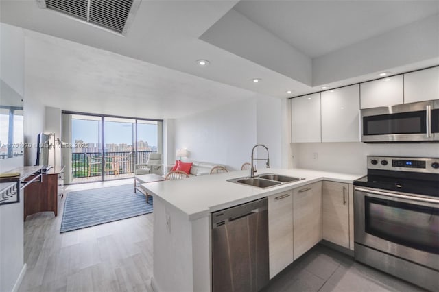 kitchen with kitchen peninsula, floor to ceiling windows, stainless steel appliances, sink, and hardwood / wood-style floors