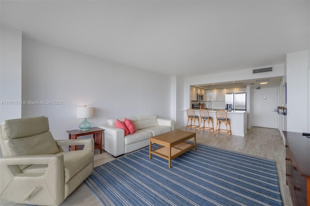 living room featuring light hardwood / wood-style floors and sink