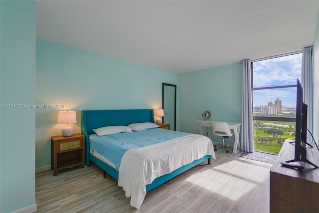 bedroom featuring light hardwood / wood-style floors and floor to ceiling windows