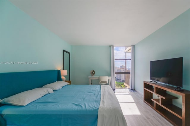 bedroom with light hardwood / wood-style floors and floor to ceiling windows