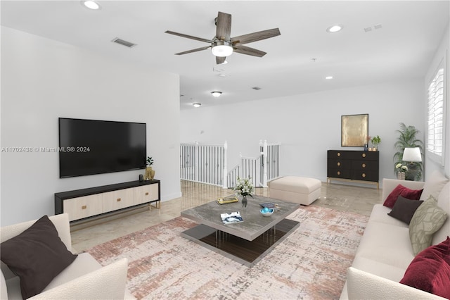 living room with ceiling fan