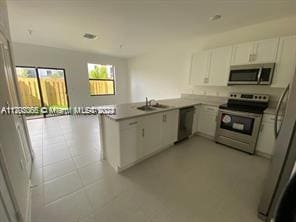 kitchen featuring appliances with stainless steel finishes, white cabinetry, a sink, and a peninsula