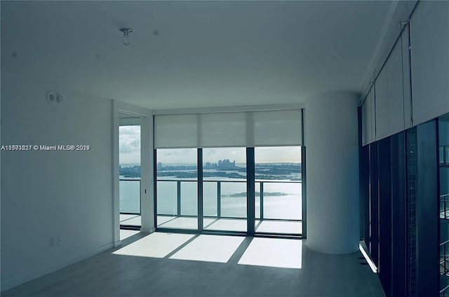 empty room featuring hardwood / wood-style floors and a water view