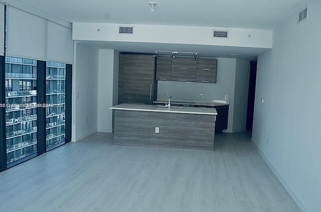 kitchen with a center island with sink, sink, and light hardwood / wood-style flooring