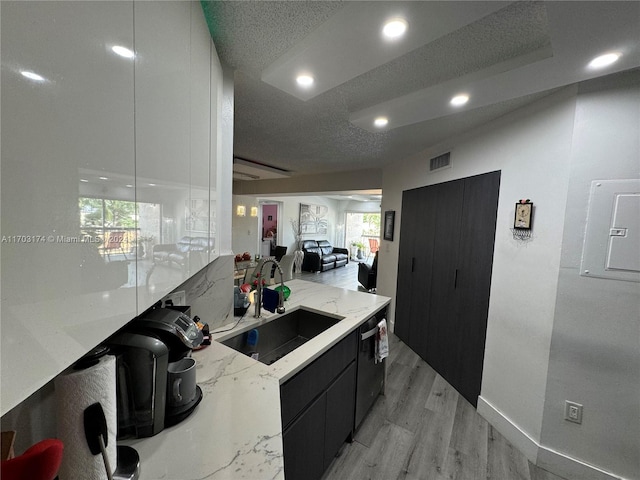 kitchen with light hardwood / wood-style flooring, light stone counters, a healthy amount of sunlight, and sink