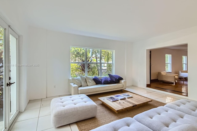 living room featuring light tile patterned floors