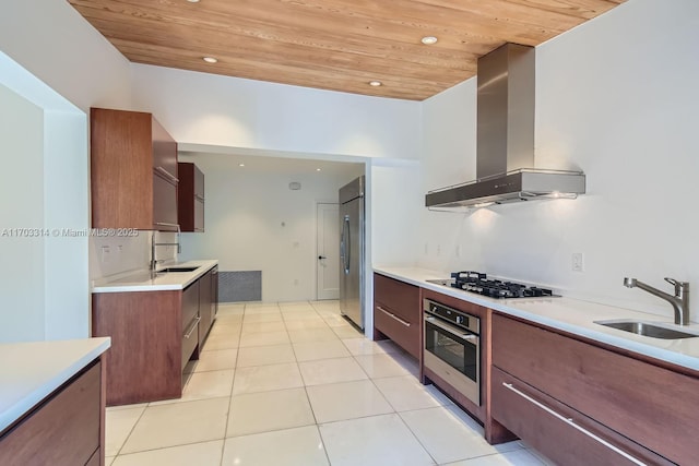 kitchen featuring sink, stainless steel appliances, wooden ceiling, and wall chimney range hood