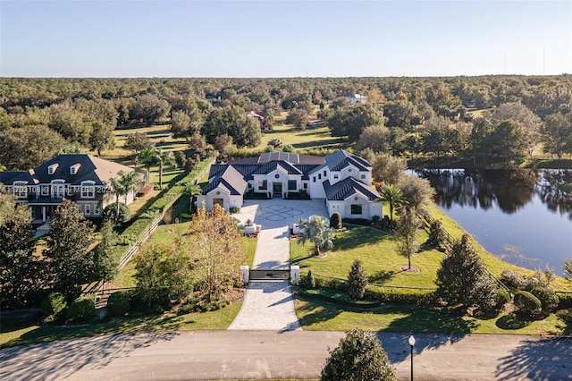 birds eye view of property with a water view