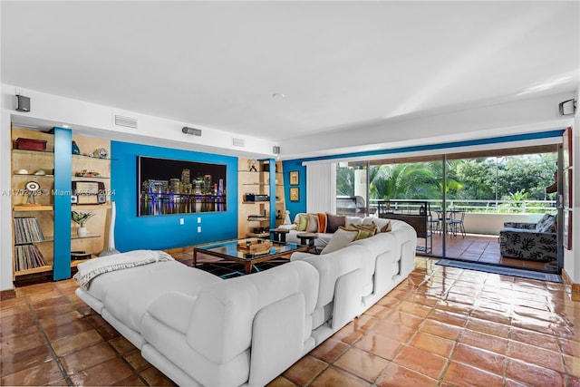 living room featuring tile patterned flooring