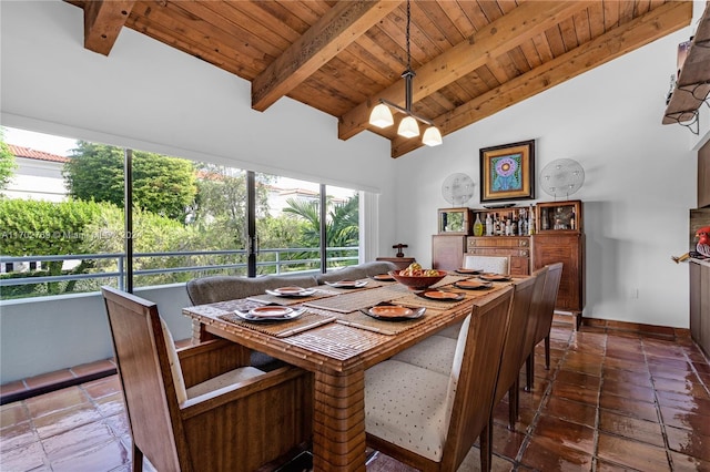 dining room with vaulted ceiling with beams and wooden ceiling