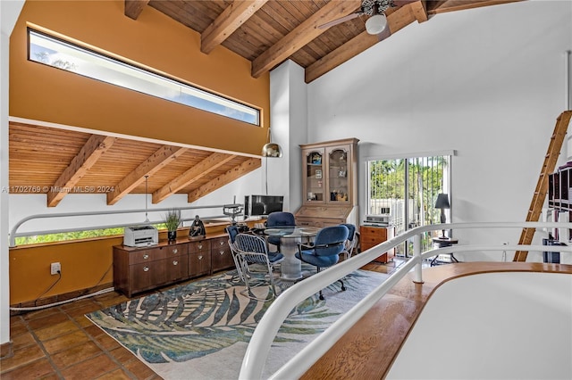 interior space featuring beamed ceiling, high vaulted ceiling, and wooden ceiling