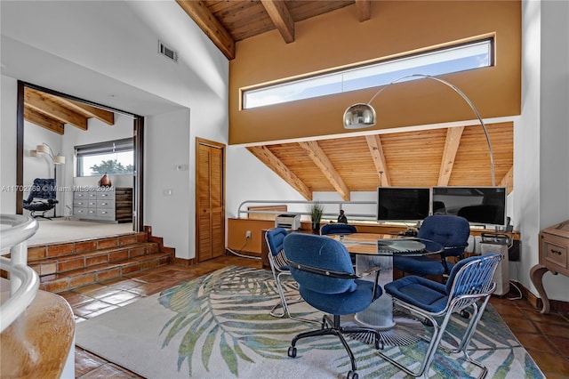 office space with beamed ceiling, wood ceiling, and high vaulted ceiling