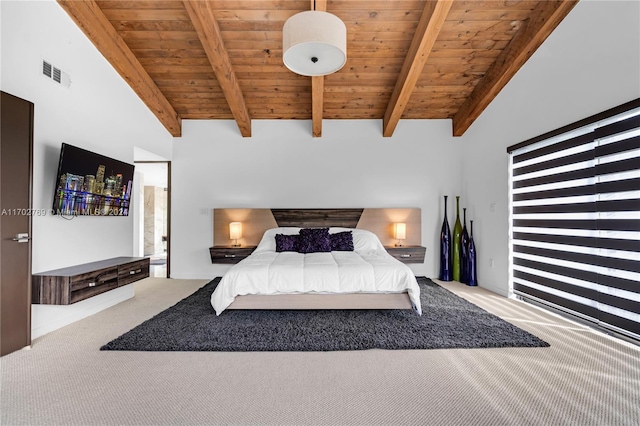 unfurnished bedroom with vaulted ceiling with beams, wood ceiling, and light carpet