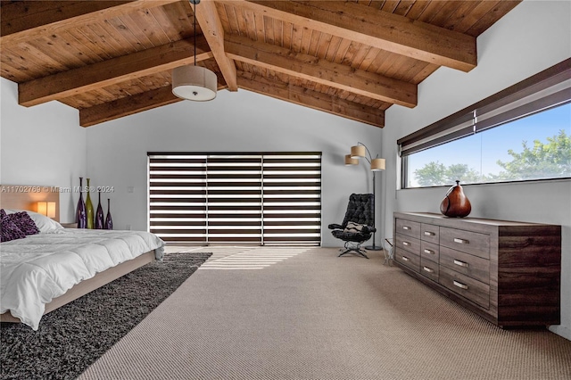 bedroom featuring carpet, vaulted ceiling with beams, and wood ceiling