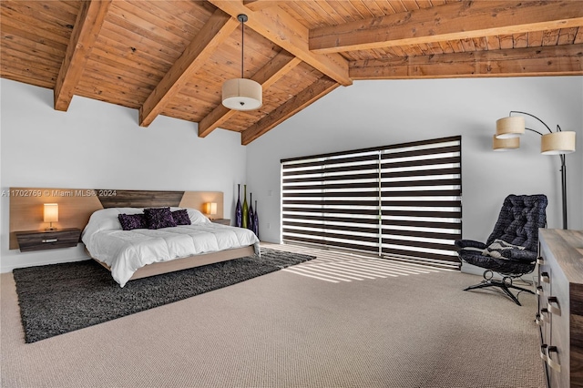 carpeted bedroom featuring wooden ceiling and lofted ceiling with beams