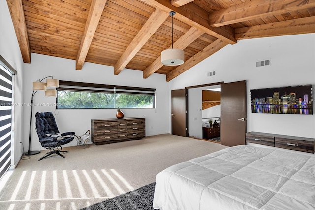 carpeted bedroom featuring beamed ceiling, high vaulted ceiling, and wood ceiling