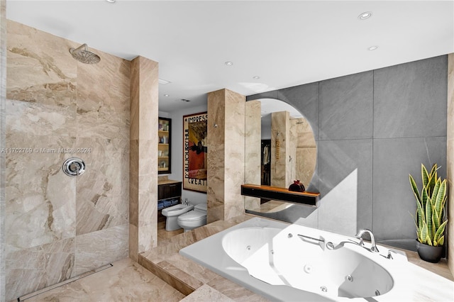 bathroom featuring toilet, shower with separate bathtub, a bidet, and tile walls