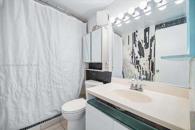 bathroom featuring vanity, tile patterned floors, a shower with shower curtain, toilet, and a baseboard radiator