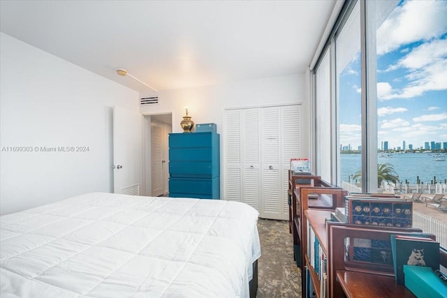 bedroom featuring multiple windows and a water view