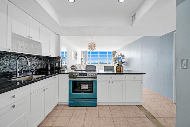 kitchen featuring white cabinetry, sink, stainless steel range with electric cooktop, and kitchen peninsula