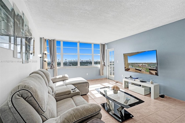 tiled living room with a textured ceiling