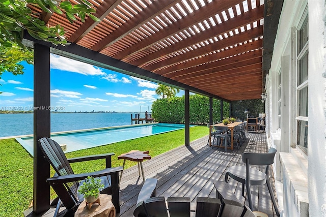 exterior space with a deck with water view, an outdoor pool, a pergola, and outdoor dining space