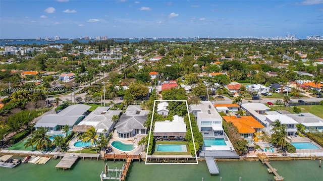 drone / aerial view featuring a water view