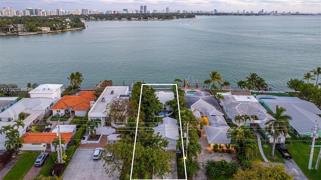 bird's eye view featuring a water view and a city view