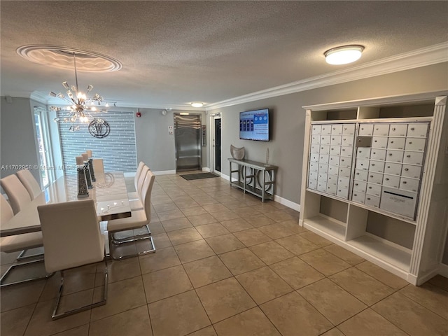 dining area with crown molding, tile patterned flooring, a chandelier, and a textured ceiling