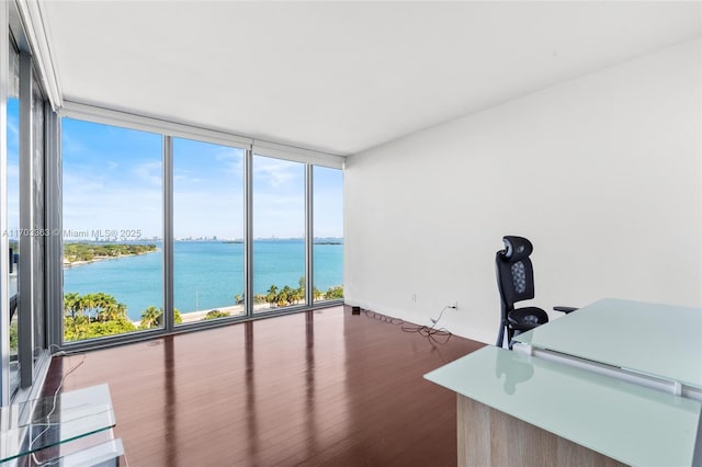 unfurnished office featuring a water view, expansive windows, and hardwood / wood-style floors