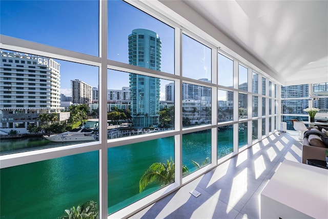 interior space with a water view