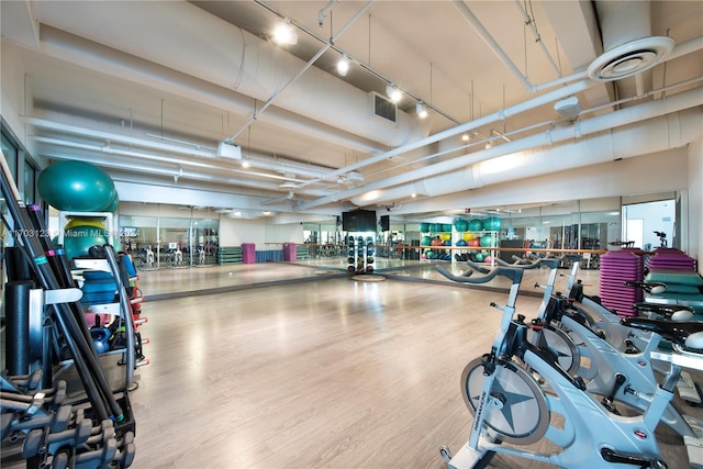 exercise room featuring wood-type flooring