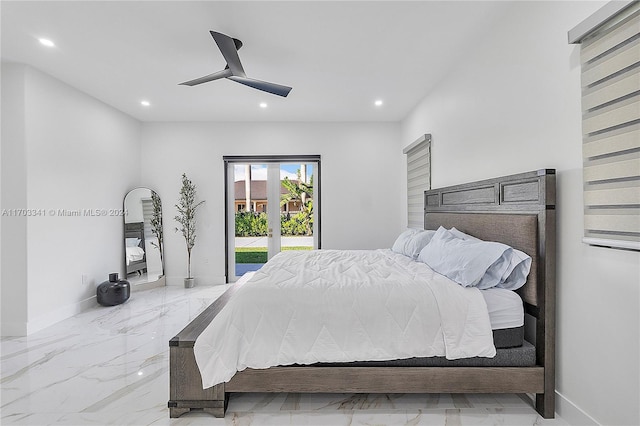 bedroom featuring access to outside and ceiling fan