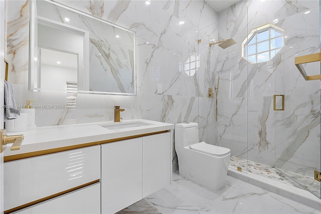 bathroom featuring vanity, toilet, a shower with shower door, and tile walls