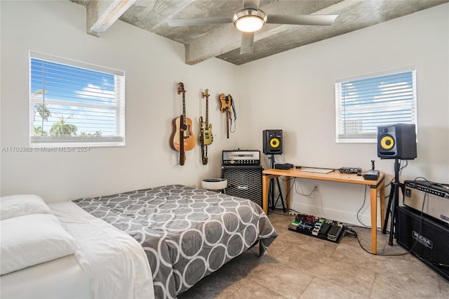 bedroom with light tile patterned floors, multiple windows, and ceiling fan