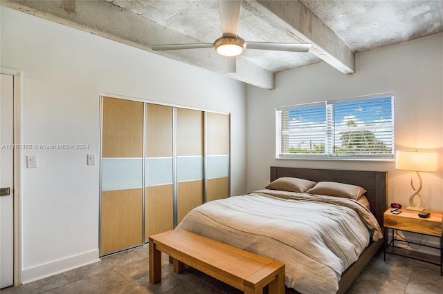 bedroom featuring tile patterned floors and ceiling fan