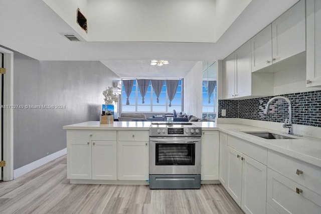 kitchen with kitchen peninsula, white cabinetry, stainless steel range with electric cooktop, and sink