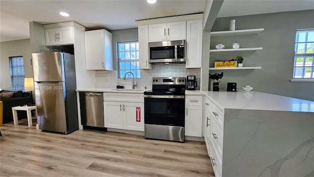 kitchen with sink, tasteful backsplash, light hardwood / wood-style floors, white cabinetry, and stainless steel appliances