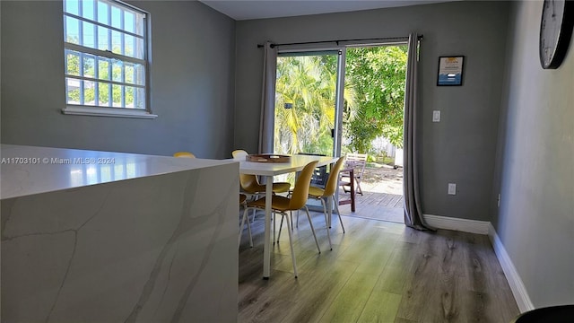 dining space with light hardwood / wood-style floors and a wealth of natural light