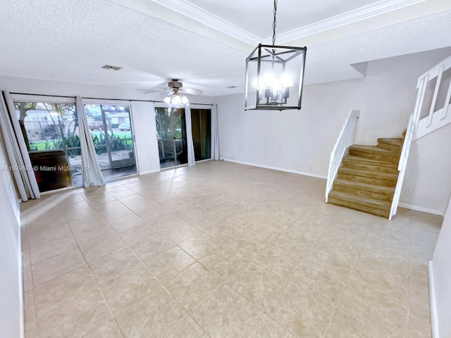 unfurnished living room with a textured ceiling, ceiling fan with notable chandelier, light tile patterned flooring, and crown molding