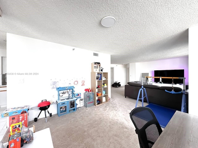 carpeted office space with a textured ceiling