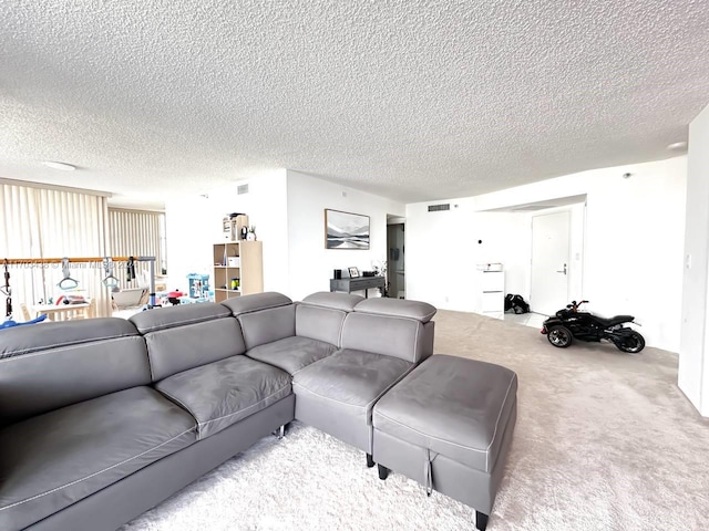 living room with carpet flooring and a textured ceiling