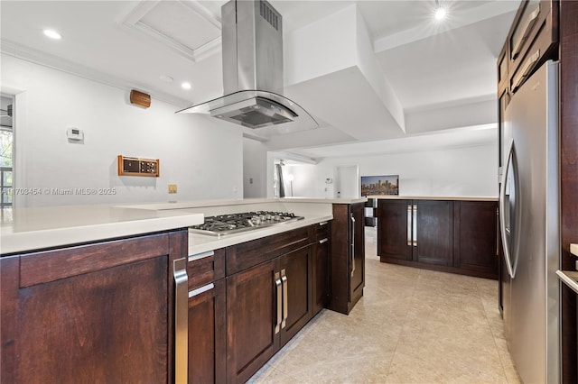 kitchen featuring island range hood, appliances with stainless steel finishes, dark brown cabinets, and light countertops