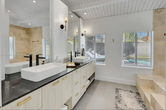 bathroom featuring beamed ceiling, vanity, plenty of natural light, and wooden ceiling