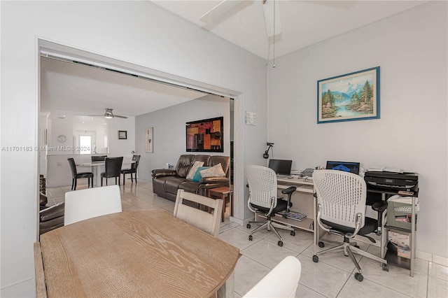 tiled office with ceiling fan